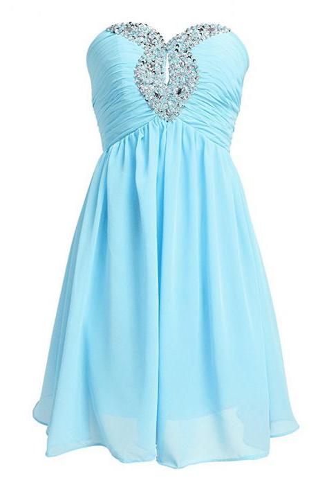 Light Blue Chiffon Homecoming Dress With Beaded Sweetheart Neck,Sexy A Line Cheap Short Prom Dresses, Mini Party Evening Formal Gowns
