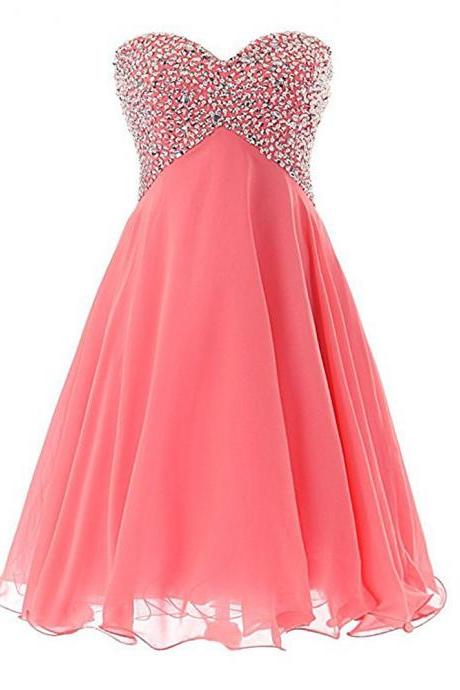 Charming Coral Chiffon Homecoming Dress With Sweetheart Neck,Sexy A Line Cheap Lace-up Short Prom Dresses, Mini Party Evening Formal Gowns