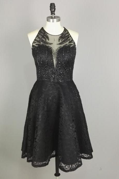 Black Beaded Lace Homecoming Dress,Sexy Black Beaded Backless Short Prom Dresses,Front Short And Long Back Evening Gowns 2017 