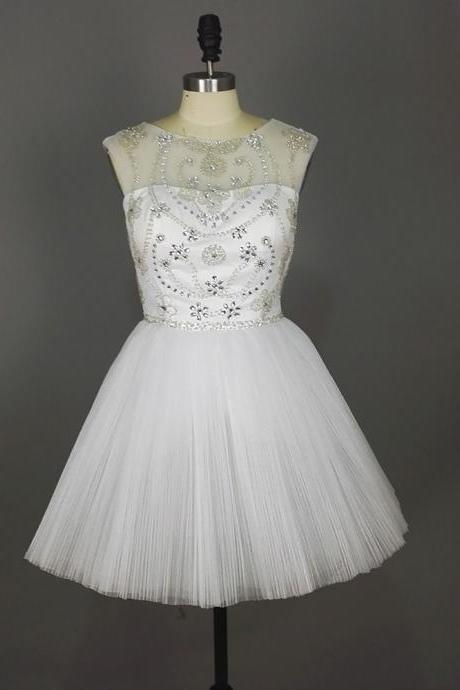 White Organza Rhinestone Homecoming Dress,Sexy White Short Prom Dresses With Ruched Skirt