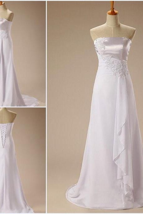 Charming White Ivory Strapless Chiffon Wedding Dresses Beaded Applique Court Train Beach Dress Bridal Gown 