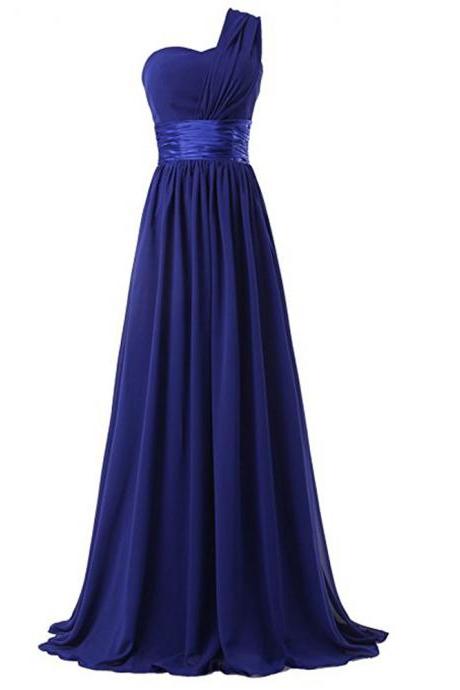 Long Royal Blue Chiffon Formal Dresses Featuring One Shoulder - Long Elegant Prom Dress, One Shoulder Evening Gowns