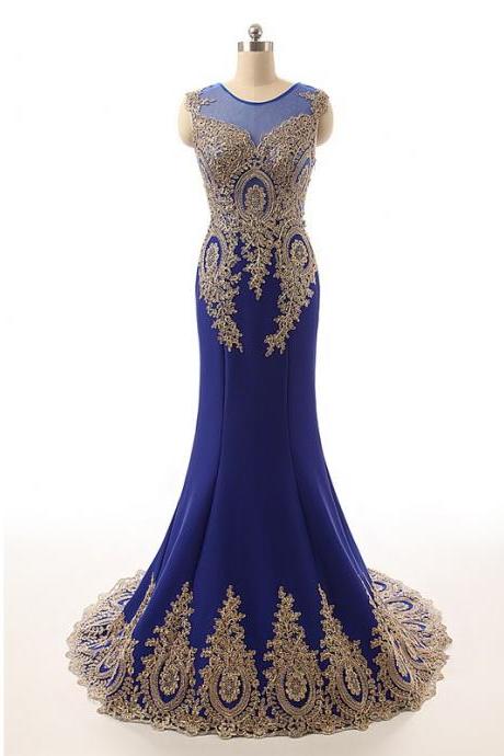 Royal Blue Applique Mermaid Prom Dresses Sheer Bateau Neckline Beaded Chiffon Prom Gowns 2017 Party Evening Dress For Women