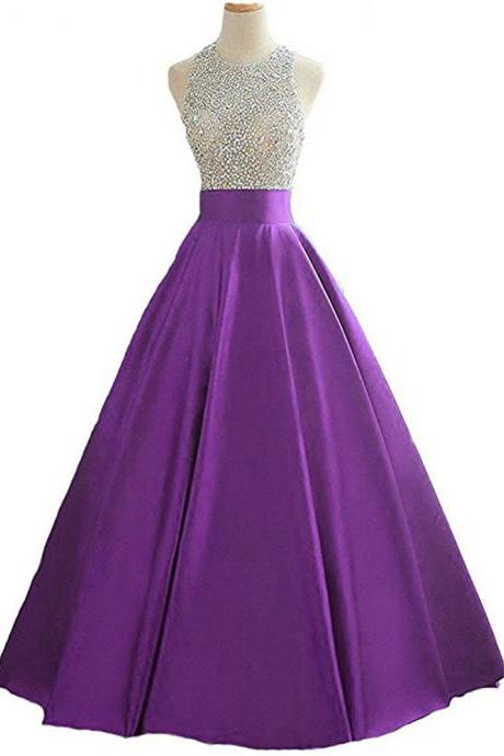 Charming Purple A Line Prom Dresses Satin Beading Backless Evening Gowns With Halter Neckline