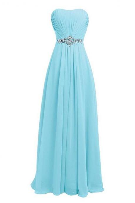 Light Blue Rhinestone Bridesmaid Dress,floor Length Chiffon Strapless Bridesmaid Dresses,elegant Long Beaded Prom Dresses Party Evening Gown