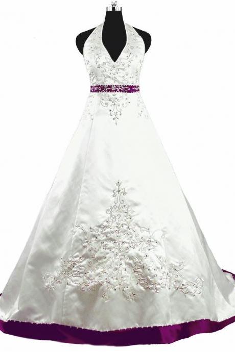 2017 Halter Embroidered Purple Wedding Dresses Long New Satin Beading Chapel Train Bridal Gown 
