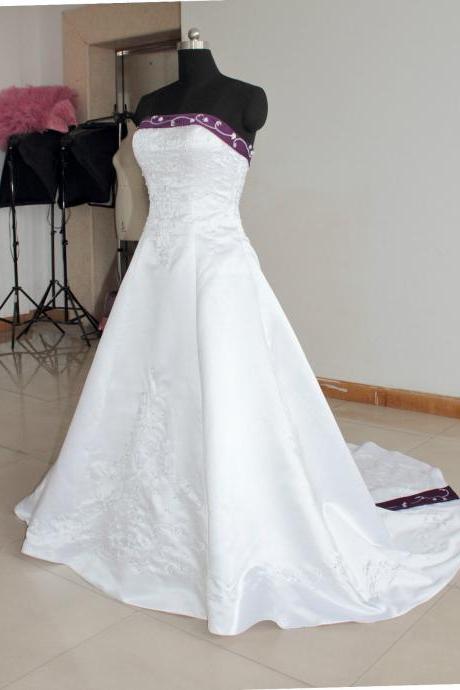 Fashion Strapless Embroidery Wedding Dresses Long New Satin Beaded Sequined Chapel Train Bridal Gowns 