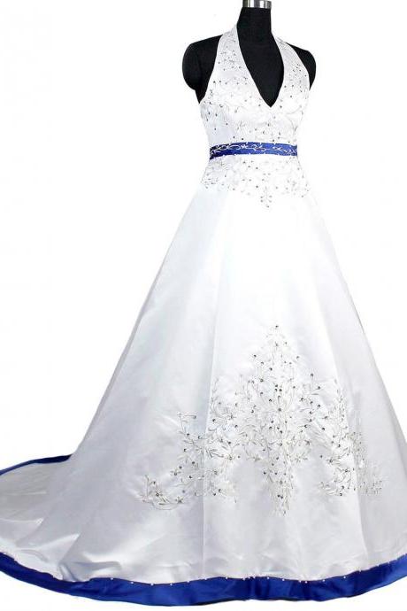 Royal Blue Wedding Dresses Long Satin Halter Beaded Sequined Chapel Train Wedding Bridal Gowns