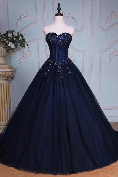 Evening Dresses 2017, Navy Blue Evening Dresses, Tulle Evening Dresses,Chapel Train Evening Dresses,Evening Gowns,Beaded Evening Dress, Red Carpet Dresses 2017,Long Prom Dresses, Formal Gowns,Party Dresses