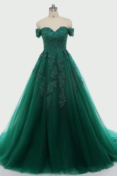 2017 Sexy Dark Green Lace Applique Quinceanera Dresses Short Sleeve Ball Gown For 15 Prom Party Dress Custom Chapel Train Prom Gowns Sweet 16 Dresses