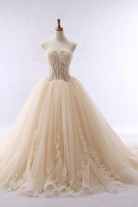 Sexy Long Lace Applique Champagne Tulle Prom Dresses Featuring Sweetheart Neckline -- Vintage Formal Dress, Party Dresses