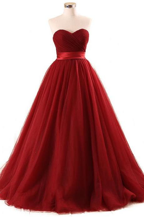 Elegant Long Burgundy Tulle Prom Dresses Featuring Sweetheart Neckline -- Formal Dress, Party Dresses