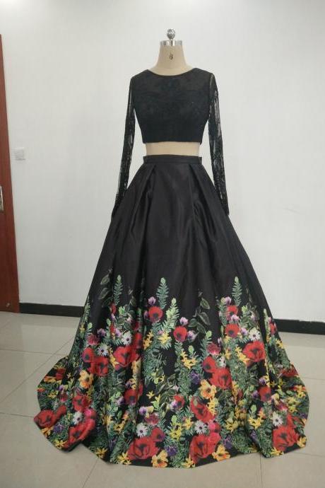 Long Elegant Black Two Piece Prom Dresses With Long Sleeve Floor Length Backless Evening Gowns 