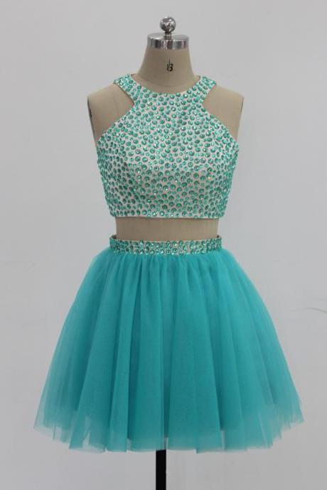 Turquoise Halter Beaded Two-Piece Tulle Short Homecoming Dress, Party Dress, Prom Dress