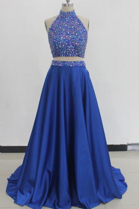 Royal Blue Long Satin A-Line Formal Dress Featuring Beaded Bodice And High Neck,Long Elegant 2 Piece Backless Prom Dresses