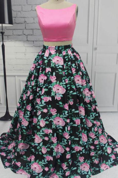 Sexy Print Long Satin A-line Formal Dress Featuring Pink Bodice,long Elegant Prom Dresses With Prtint Skirt