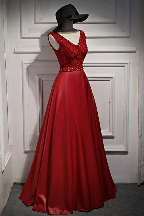 Elegant Long Burgundy Beaded A Line Prom Dress With V Neck And Lace Embellishment