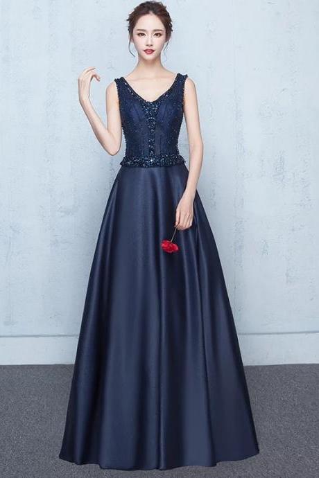2017 Long Satin Navy Blue A Line Prom Dress With V Neck And Beads Embellishment