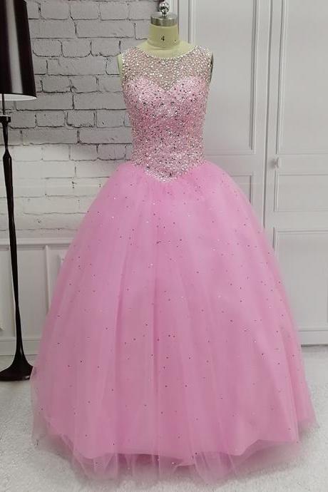 Custom Made Pink Backless Ball Gown Formal Dresses With Jewel-embellished Bodice , Long Elegant Prom Dresses , Wedding Dress