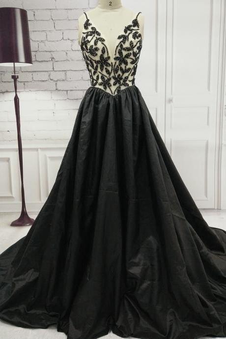 Custom Made Long Black Evening Prom Dresses , Graduation Dress , Formal Party Dress With Spaghetti Straps