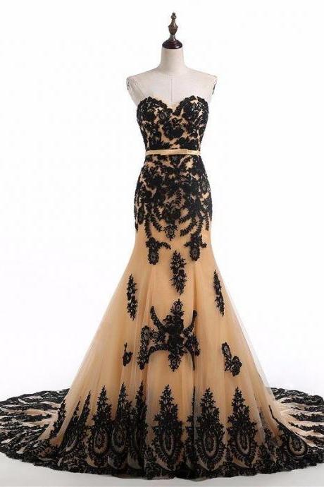 Champagne Long Tulle Mermaid Formal Dress Featuring Lace Applique Bodice And Lace-up Back,Long Elegant Prom Dresses