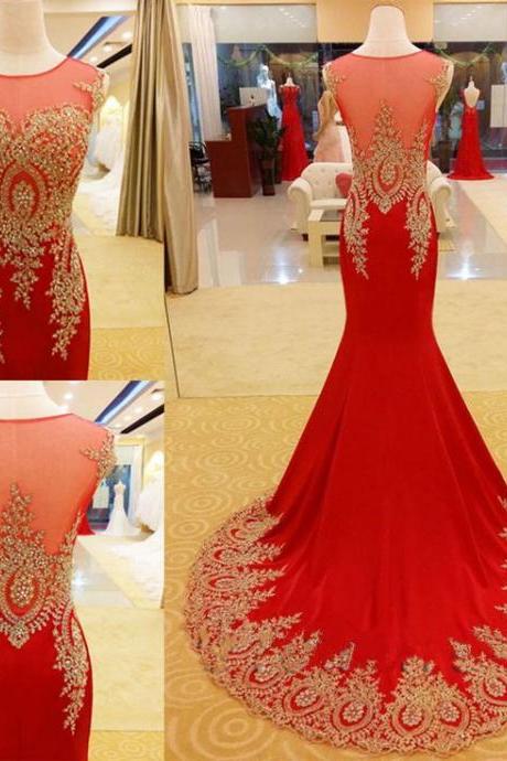 Long Red Mermaid Formal Dress Featuring Sheer Scoop Neck And See Through Back ,long Elegant Prom Dresses