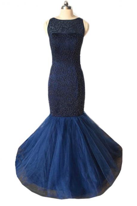 Floor Length Navy Blue Mermaid Prom Dress Featuring Sheer Neck And Zipper Back ,Long Elegant Formal Evening Gowns