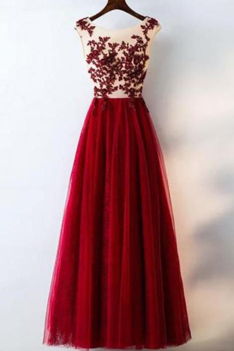 Luxury Burgundy Lace Applique A Line Prom Dress With Sheer Neck And Zipper Back