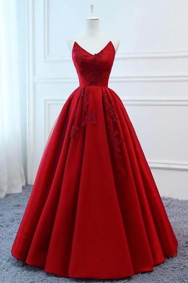 Charming Red Ball Gown Prom Dresses Satin V Neck Evening Gowns With Lace Applique 