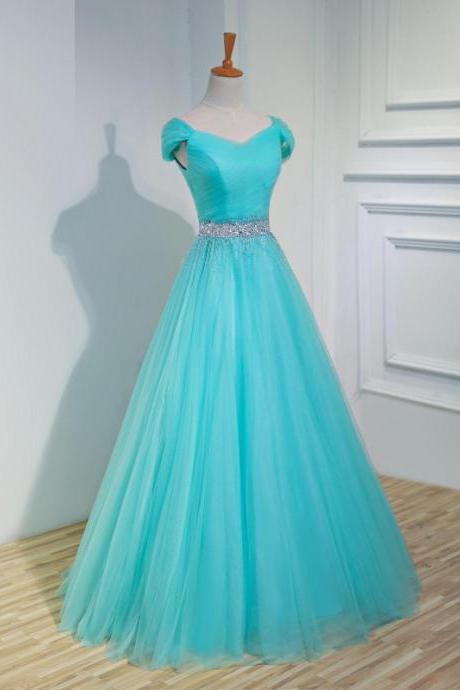 Elegant Long Blue Prom Dresses Featuring Cap Sleeve And Beaded Belt -- Sexy Formal Dress, Party Dresses