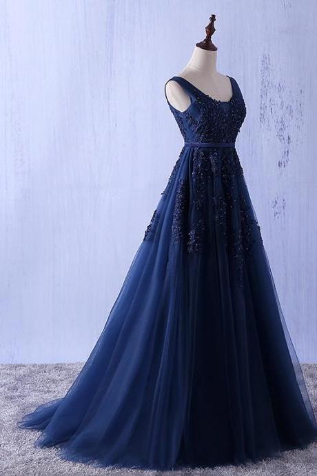 Long Elegant Navy Blue Lace Applique Tulle Prom Dresses Featuring V Neck -- Sexy Formal Dress, Party Dresses