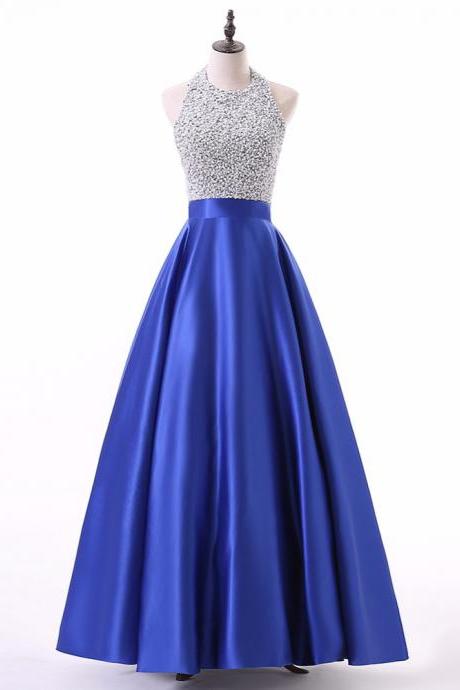 A Line Royal Blue Beaded Satin Prom Dresses Featuring Halter Neck And Lace-up -- Sexy Formal Dress, Party Dresses