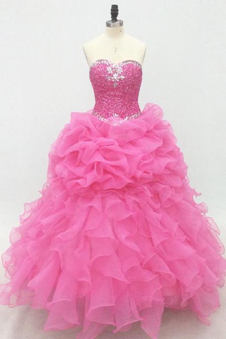 Pink Evening Dresses Long Elegant Lace-Up Organza Prom Dress With Beaded Bodice Formal Gowns