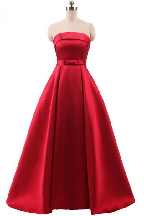 Charming Red A Line Prom Dresses Satin Strapless Evening Gowns With Belt