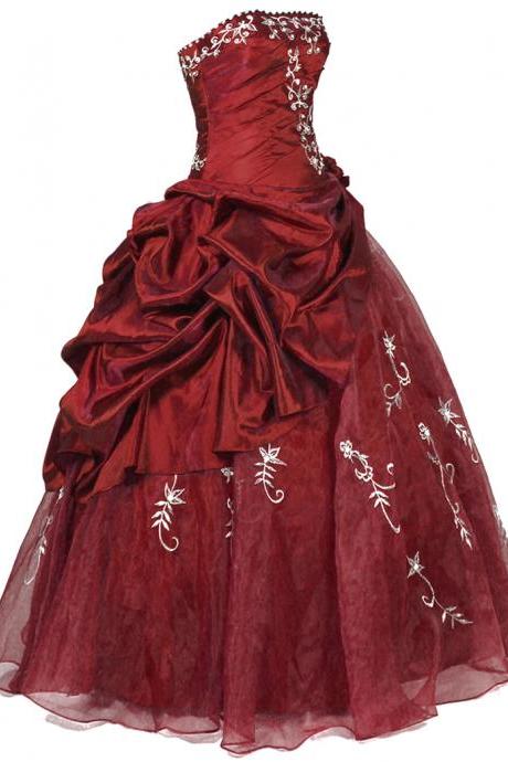 Elegant Long Burgundy Prom Dresses Featuring Strapless Neckline -- Sexy Beaded Taffeta Formal Dress, Party Dresses