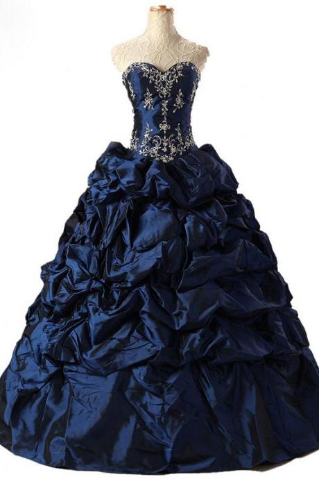 Sexy Navy Blue Beaded Evening Dresses Long Elegant Taffeta Prom Dress Robe De Soiree Formal Gowns