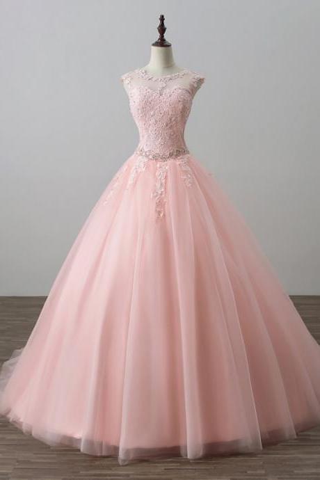 Long Pink Formal Dresses Featuring Sheer Neck And Lace Applique Bodice -- Long Elegant Prom Dress, Floor Length Tulle Evening Gown