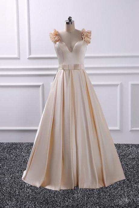Fashion Satin Floor Length V Neck Champagne Prom Dress ,flower Shoulder Prom Dresses With Belt, Party Dresses, Evening Dresses, Long Prom Dress