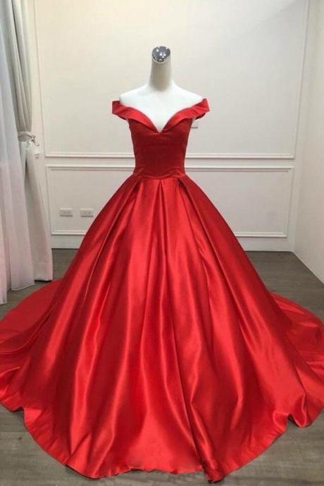 Red Satin Floor Length V Neck Prom Dress, Party Dresses, Chapel Train Evening Dresses, Long Prom Dress 2018