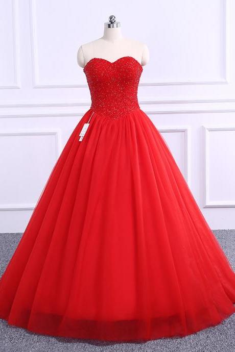 Long Red Tulle Prom Dress With Beaded Bodice, Party Dresses,ball Gown, Long Sweetheart Prom Dress 2018