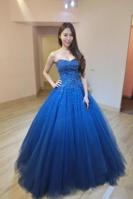 Long Royal Blue Lace-up Tulle Prom Dress With Beaded Bodice,floor Length Party Dresses,ball Gown, Long Sweetheart Prom Dresses 2018