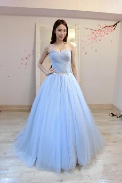 Long Light Blue Tulle Prom Dress With Beaded Bodice,floor Length Party Dresses,ball Gown, Long Sweetheart Prom Dresses 2018