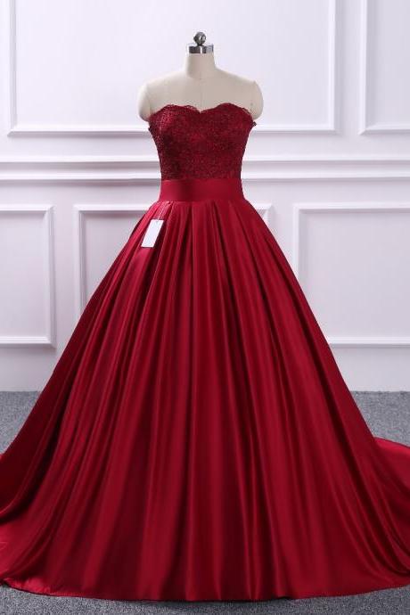 Burgundy Ball Gown Prom Dresses Satin Lace Applique Evening Gowns 