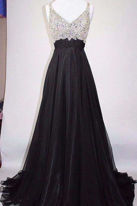 Long Black A-line Beaded Prom Dresses Featuring Open Back And Beaded V Neck,long Elegant Prom Dresses