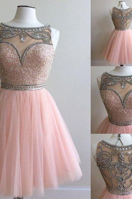 pink beaded tulle homecoming dresses with sheer neck,short prom dresses