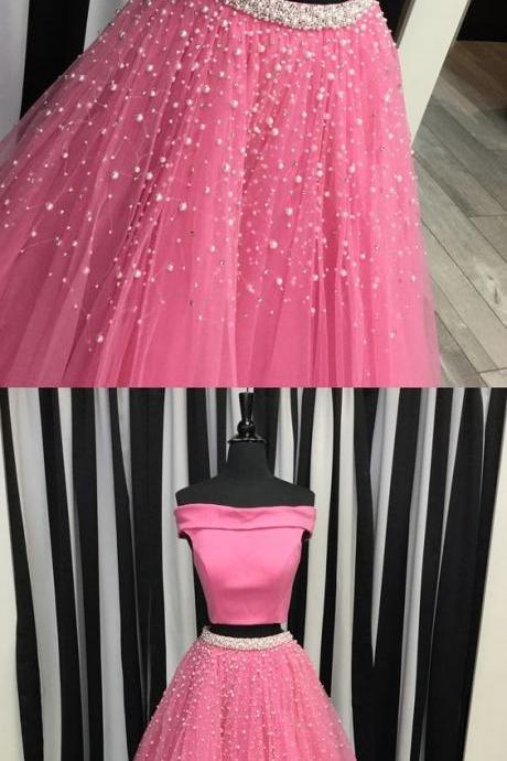 Marvelous Pink Two Piece Prom Dresses Featuring Boat Neck And Tulle Skirt