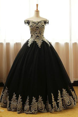 Long Ball Gown Black Prom Dresses With Gold Lace Applique Boat Neck Formal Gowns Party Dress