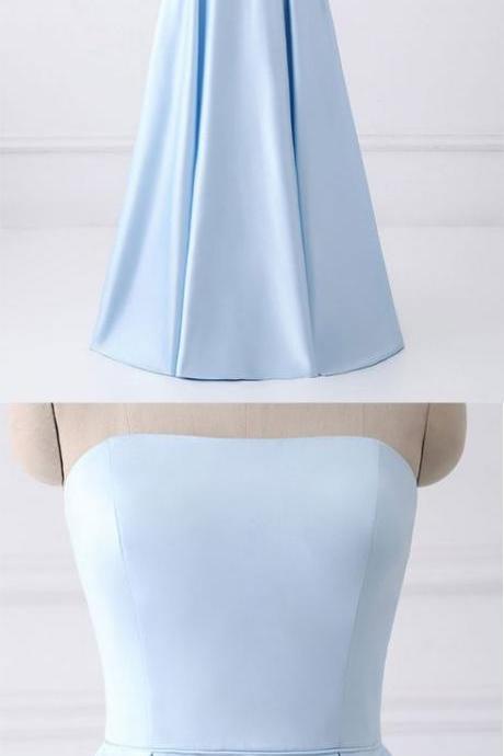 Light Blue Prom Dresses Satin Long Strapless A-line Evening Formal Gowns