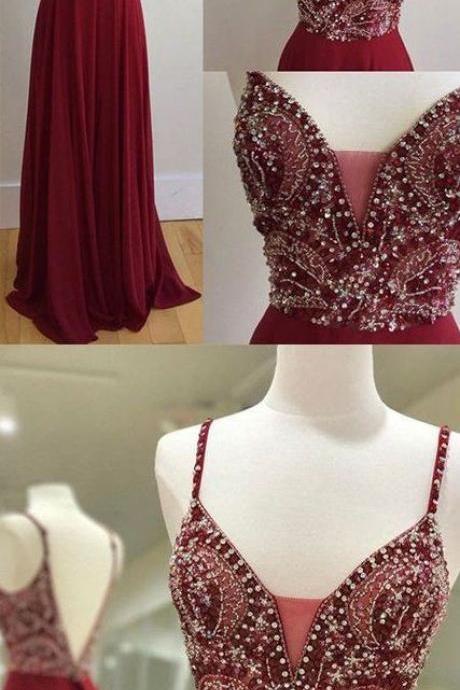Sexy Spaghetti Straps Burgundy Prom Dresses Chiffon Backless Long A-line V Neck Evening Formal Gowns