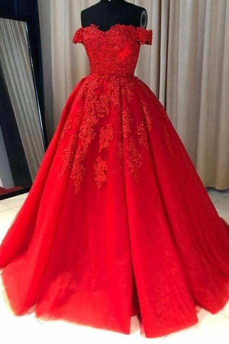 Sexy Red Prom Dresses Tulle Off The Shoulder Tulle Long Ball Gown Evening Formal Gowns